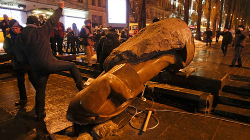 A statue of V.I. Lenin was toppled by Ukraine opposition forces in Kiev. The opposition wants to join the European Union. by Pan-African News Wire File Photos