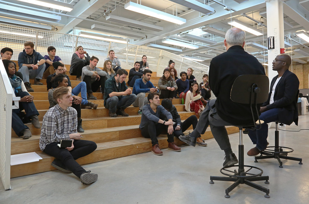 Questions and answer session with Adeyemi, Mark Cruvellier, and architecture students on the Stepped Review in the L.P. Kwee Studios.