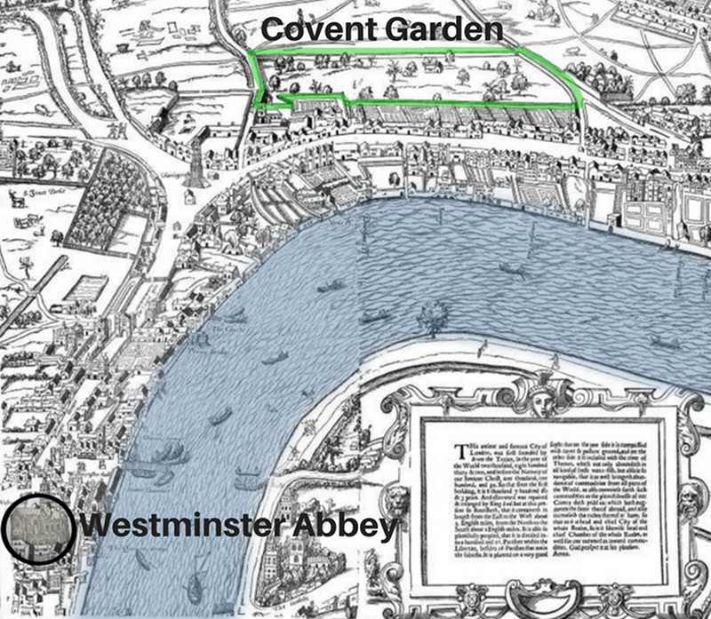 Covent Garden on the City of London in the 1560s with surrounding wall marked in green and Westminster Abbey inside black circle. British Library