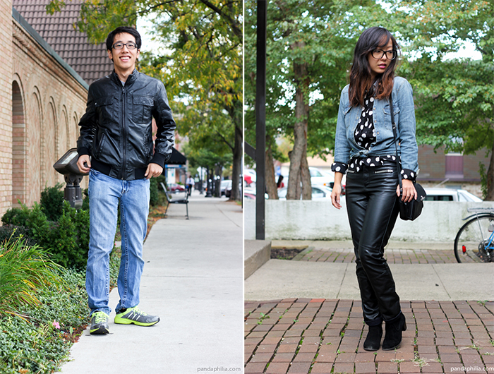 leather and denim couples outfit