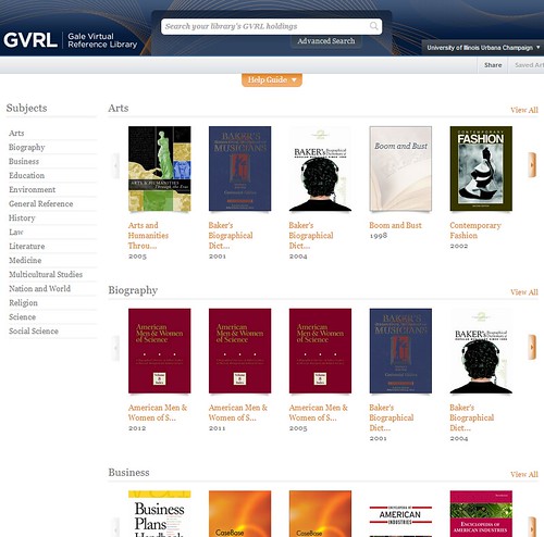 Home page of Gale Virtual reference library with a search box at the top, subjects listed down the left column, and images of resources in the center