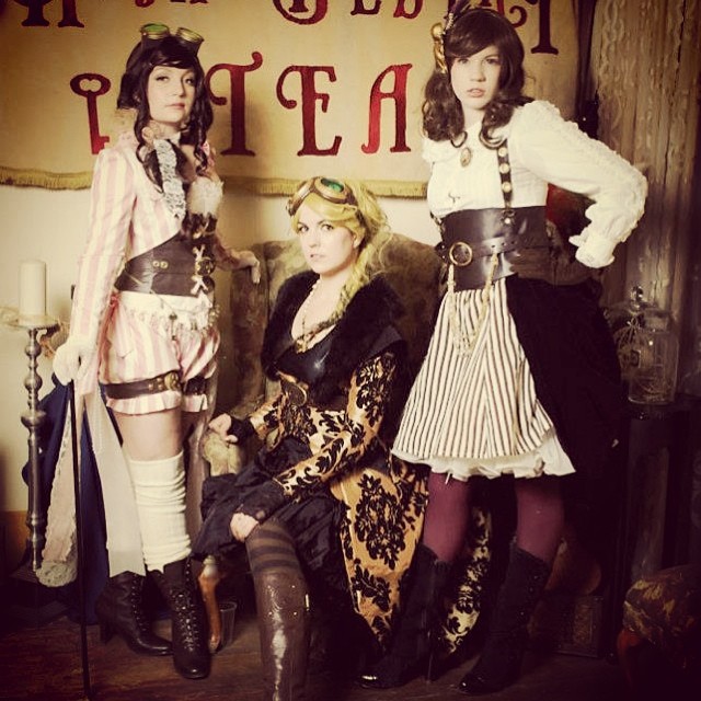 Going to a steampunk Christmas party put on by High Desert Steam. Super Excited!! I love our local steampunk events! Here is myself (L) with @ladystaba (M) and @charmiesweets(R)  from last year's Steampunk ball. Tonight Lady Staba will be joining me. If y