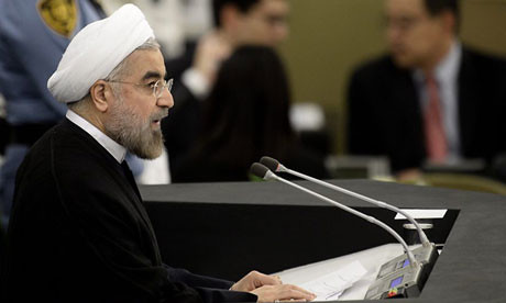 Iranian President Hassan Rouhani addressing the United Nations General Assembly in New York City on September 24, 2013. He maintained that Iran had the right to develop nuclear technology. by Pan-African News Wire File Photos