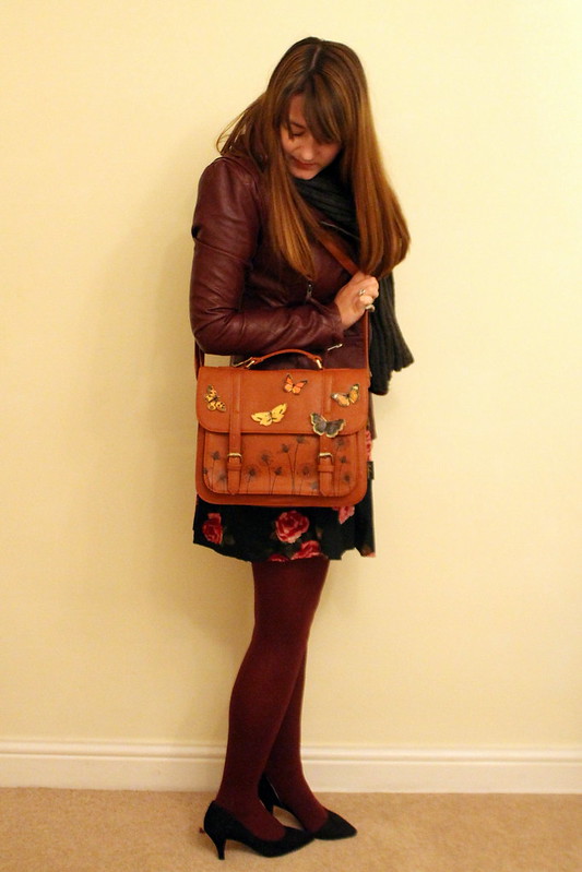 Leather jacket, floral Primark dress, burgundy tights, satchel, heels, uk style blog