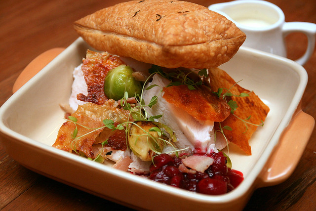 Turkey breast, chicken leg, bacon, brussels sprout, cranberry, puff pastry, thyme cream