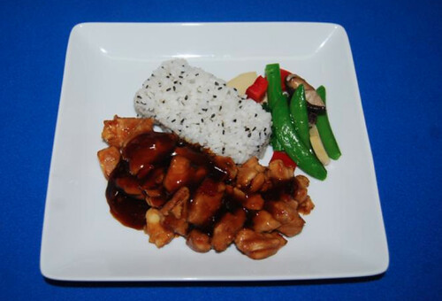 Sichuan Chicken with Black Sesame Rice and Wok Vegetables
