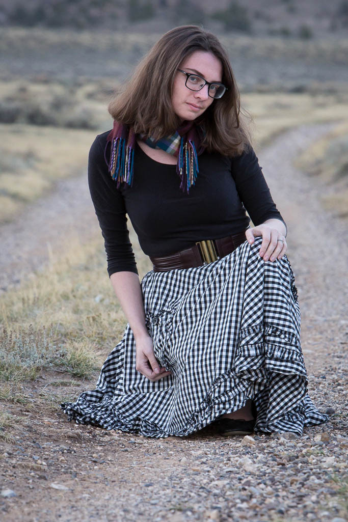 gingham skirt, modcloth, hell's bunny, scarf, winter, fall,