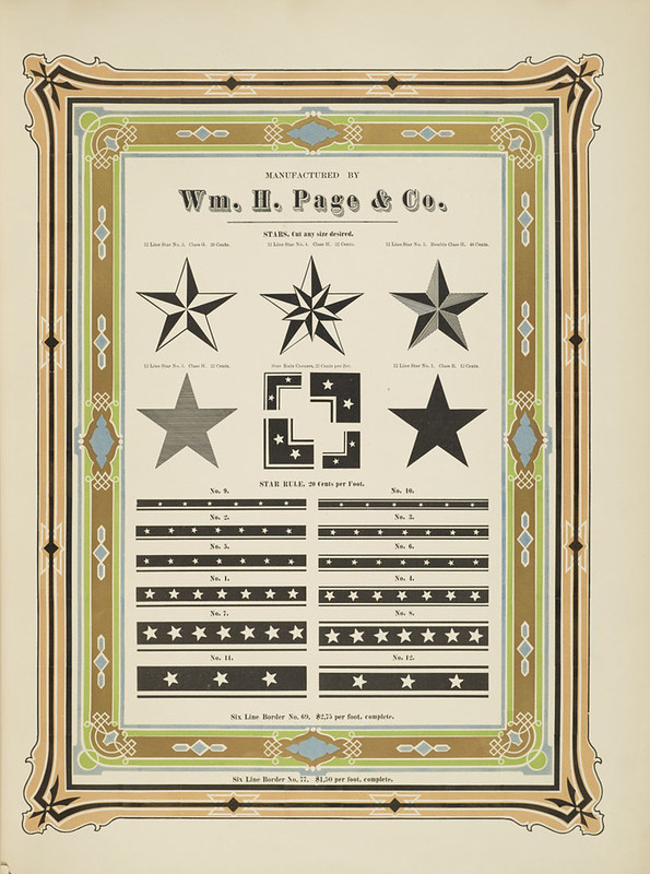 Specimens of chromatic wood type, borders 1874 - [via Columbia U] (stars + star borders)