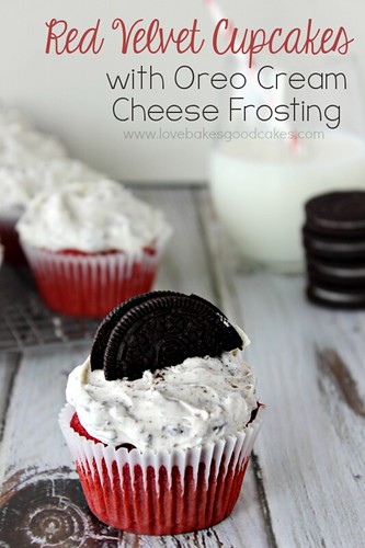 Red Velvet Cupcakes with OREO Cream Cheese Frosting and a glass of milk.