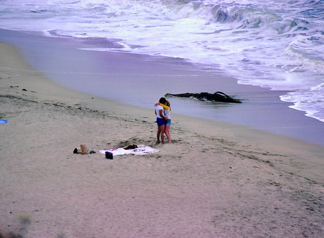Love is like a series of waves rushing onto the beach of life.  Seen at Half Moon Bay, CA, in July 1979.  What are the odds they are still together?