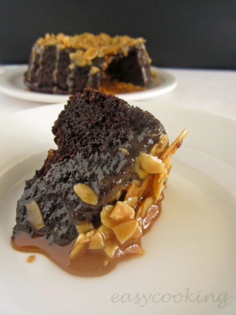 Caramel-Almond topped Chocolate Cake