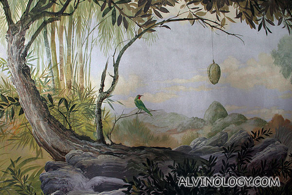 An interesting wall mural. I am not too sure durians grow this way...
