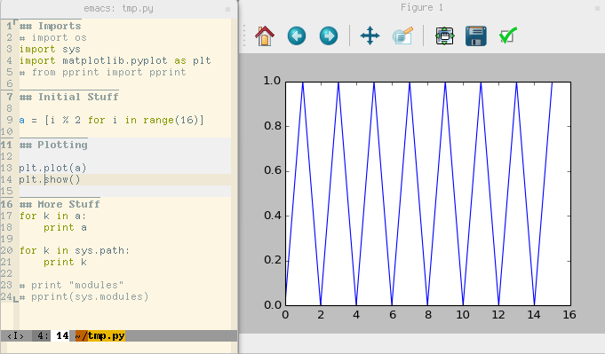 Screenshot of python-cell mode in action