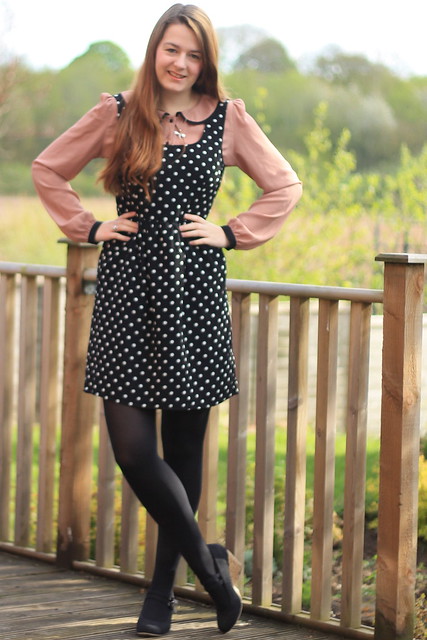 OOTD, outfit of the day, pink blouse, polka dot pinafore dress, tights, wedges