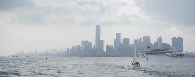 Panorama of New York City from New York Harbor on a Rainy Day