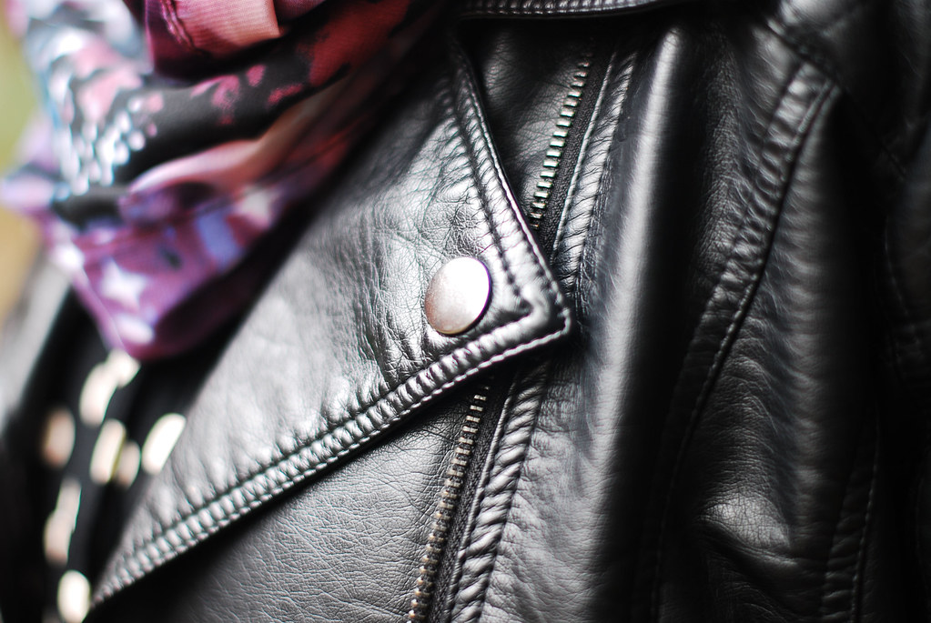 Biker jacket, polka dot blouse & galaxy scarf
