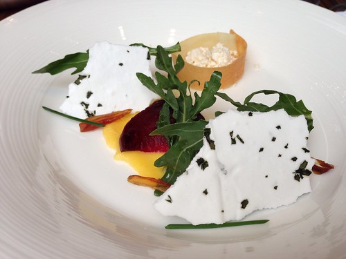 Baked Red Beet Root. Ricotta wrapped in Feuille Brick Tarragon & Chive Meringue with Arugula, California Dates & Sea Salt