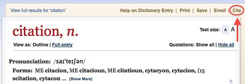 Screenshot of the entry for the word citation in the Oxford English Dictionary with the cite option highlighted