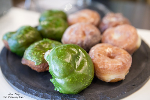 Green tea doughnuts and plain glazed doughnuts