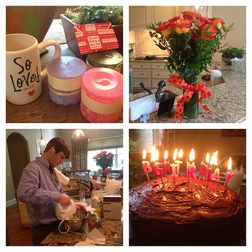 Truly perfect birthday!  Sleeping in, church, coffee mug and candles from my boys, flowers from David, and homemade cake and dinner made by David. A great day!