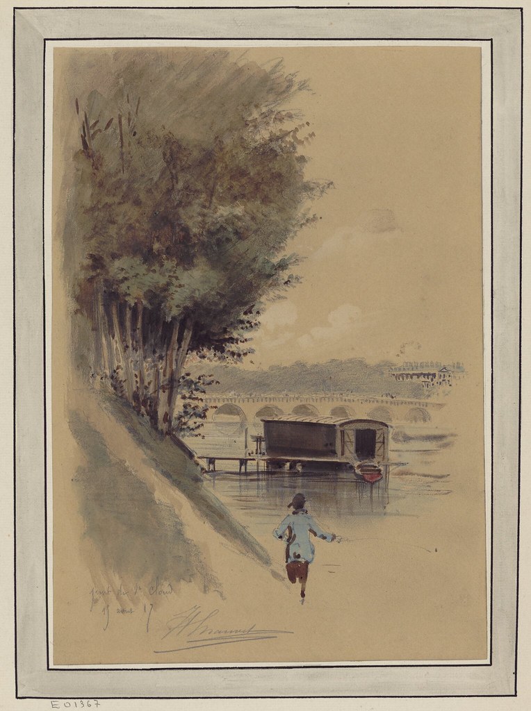 watercolour & pen sketch of riverside scene with background view of the bridge across the Seine between the communes of Boulogne-Billancourt and Saint-Cloud in the French department of Hauts-de-Seine