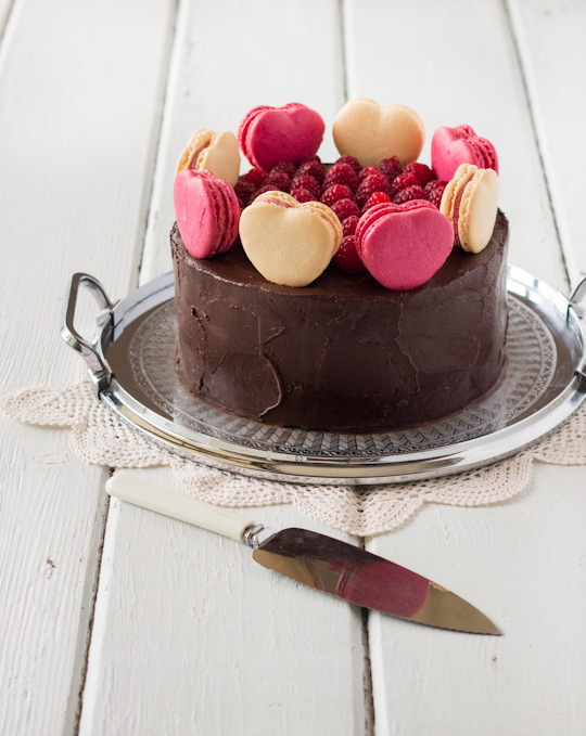 Chocolate Raspberry Layer Cake with Macarons