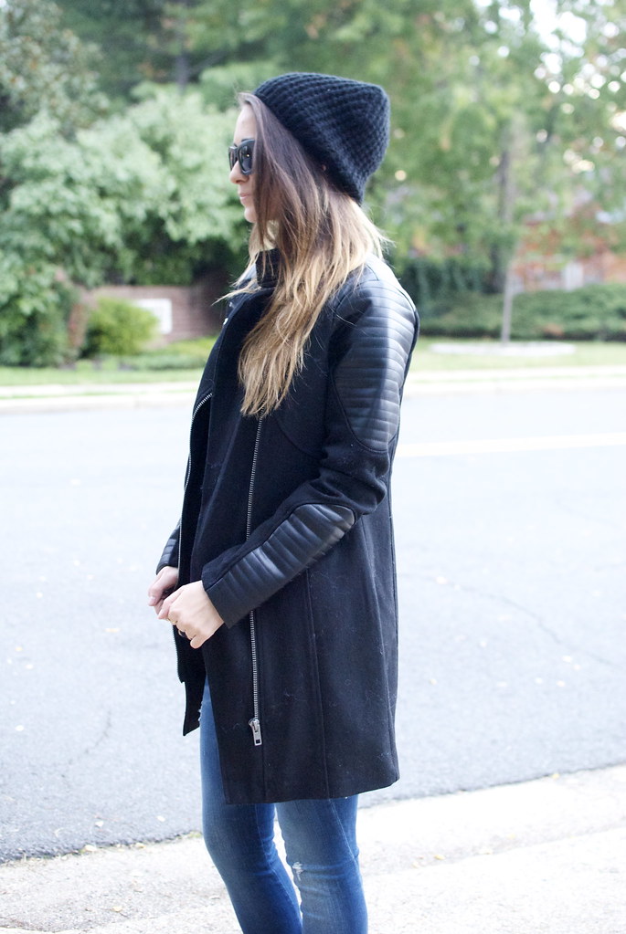 easy fall look, winter coat, leather coat, biker coat, black coat, flare jeans, crop sweater, cropped, crop top, the fashionably broke, dc blog, blogger, style blogger, washington dc
