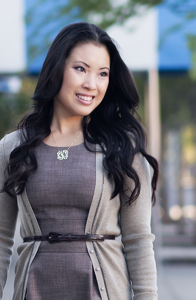 cute & little | mushroom brown dress, belted cardigan, onecklace monogram necklace outfit #ootd