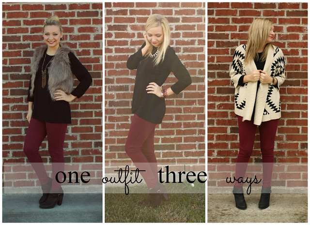 one outfit three ways, maroon pants, black booties, aztec sweater, fur vest