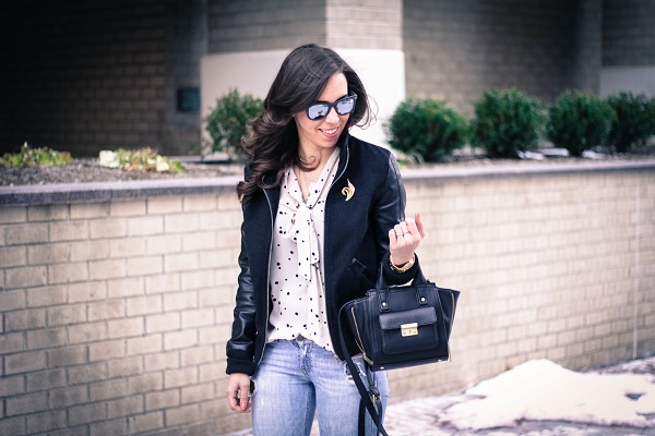 va darling. dc fashion blogger. virginia fashion blogger. faux leather sleeve bomber jacket. destroyed denim. polka dot tights. reflective ray-ban sunglasses. cold casual outfit. 1