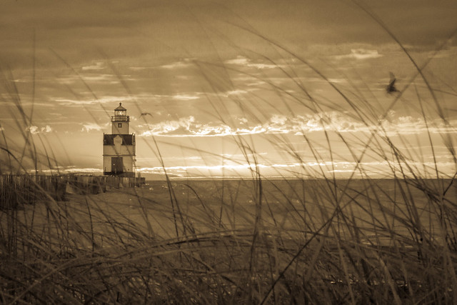 Lighthouse, Sunrise, Sunset, Monochrome, Sepia, Beach Grass
