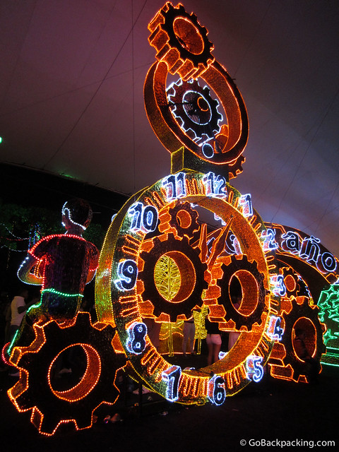 The giant gears of a clock count down to the New Year