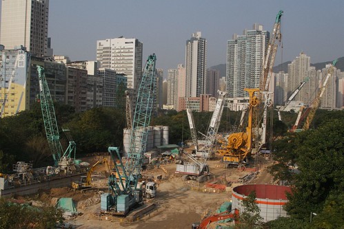 Cranes and construction equipment at work on the Sha Tin to Central Link at Diamond Hill
