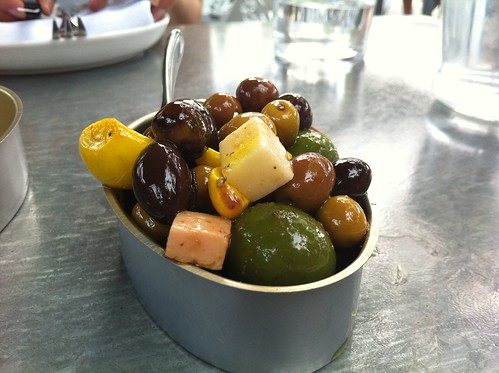 Marinated olives, pickled garlic, Idiazabal cheese