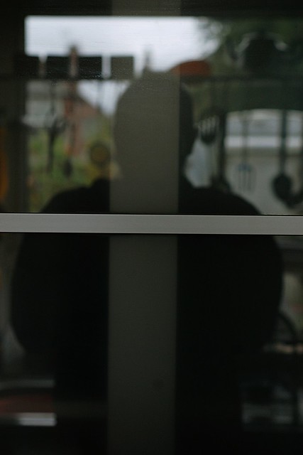 Wulf reflected in a shining glass door, with the rails forming a cross over him