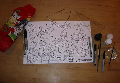 TEENAGE MUTANT NINJA TURTLES :: "MERRY CHRISTMOOSE" .. pencils by Bruce Hatten, inks by Ryan Brown- inking i (( 2013 ))