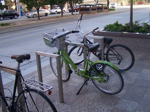 Rectangular bicycle racks, South Main Street, Salt Lake City, with a locked bicycle share bicycle