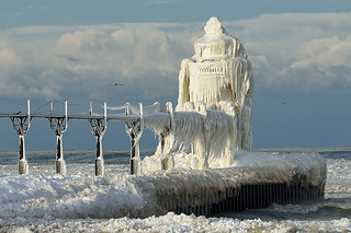 Winter gales on Lake Michigan encase the St. Joseph Lighthouse in thick coating of ice.