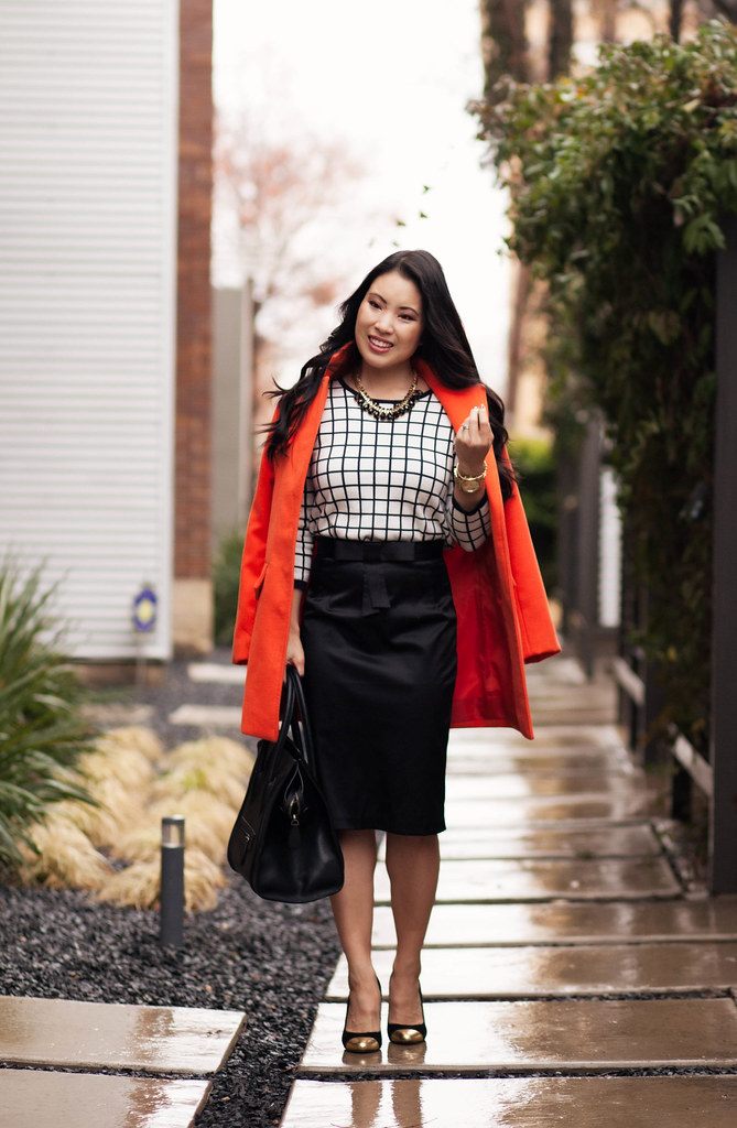 cute & little blog | orange long coat, windowpane grid sweater, black bow pencil skirt, capped toe heels outfit