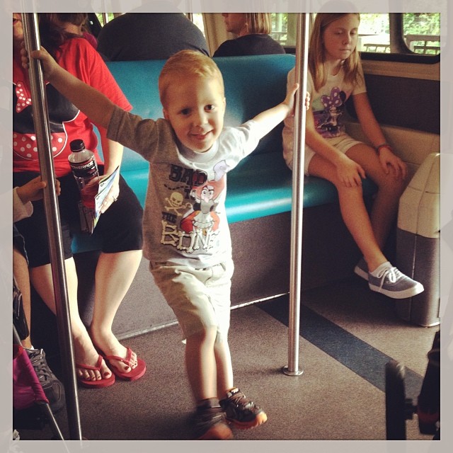 Owen owning the monorail. We got here at 8 and now leaving for some healthy food, peace and quiet, and a population density of zero.  For the record we did 10 rides with very little waiting.  Tea cups, Winnie the Pooh, small world, haunted mansions, Peter