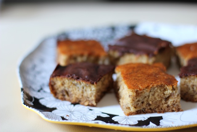 Banana bread with chocolate ganache from side by Chic n Cheap Living