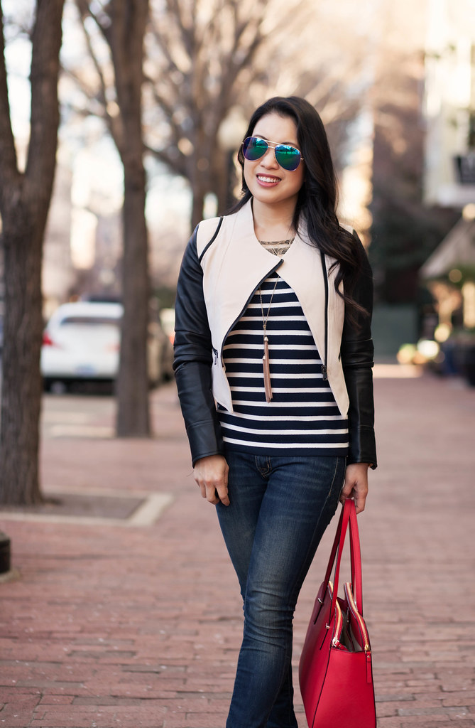 cute & little blog | sheinside contrast leather sleeve moto jacket, lace yoke striped shirt, skinny jeans, kate spade elissa red bag | spring edgy casual outfit