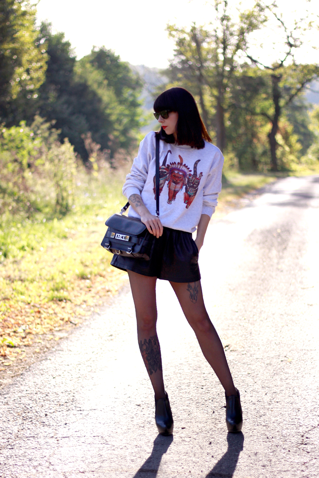 CATS & DOGS fashion blog Berlin sweatshirt cats leather shorts outfit look 8