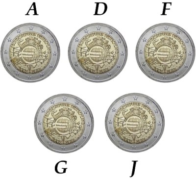 5x 2 Euro Nemecko 2012 A-J, 10. výročie zavedenia Eura