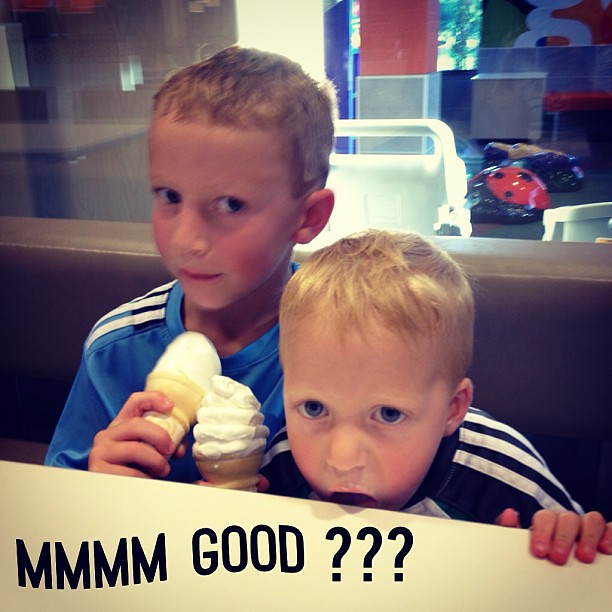 I'm snapping a picture of the boys when Owen's ice cream cone drips. Naturally he licks the table before I can even stop him!!!!!  Yuck!!!!  #whatdoesntkillyoumakesyoustronger