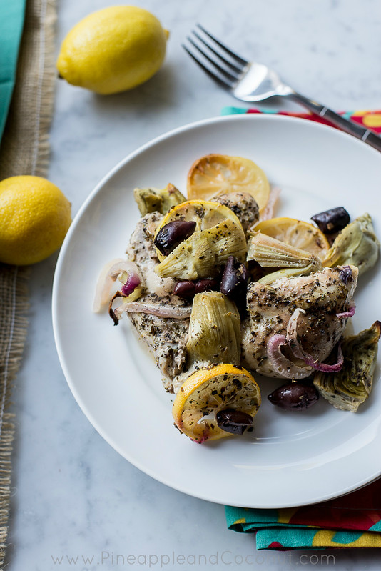 Roasted Lemon Chicken Thighs with Artichokes and Kalamata olives www.pineappleandcoconut.com