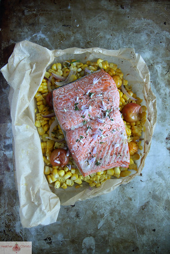 Parchment baked Salmon with corn and tomatoes
