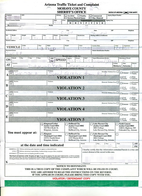 Arizona traffic ticket and complaint, 28-701-A