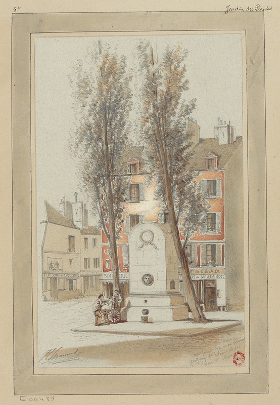 sketch of 19th cent. Parisian street square with goods cart, retailer & shopper next to a stone memorial spring or fountain
