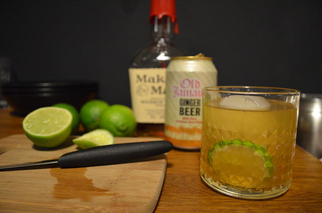 Kentucky Mule bourbon ginger beer lime cocktail with green curry thai dinner